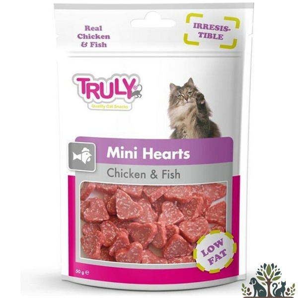 טרולי חטיף מיני לבבות עוף ודג לחתול 50 ג' - Truly