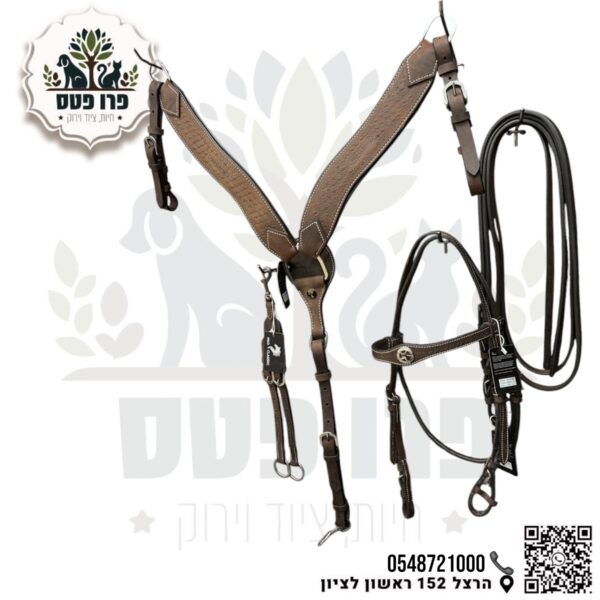 סט רכיבה הכולל חזייה עם ראשיה עם מושכות עם טבעות מרטינגל