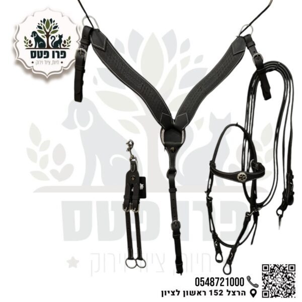 סט רכיבה הכולל חזייה עם ראשיה עם מושכות עם טבעות מרטינגל