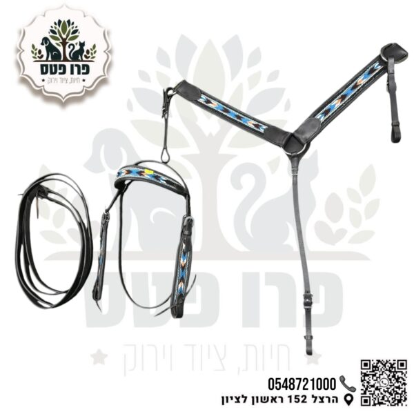 סט רכיבה הכולל חזייה עם ראשיה עם מושכות עם טבעות מרטינגל