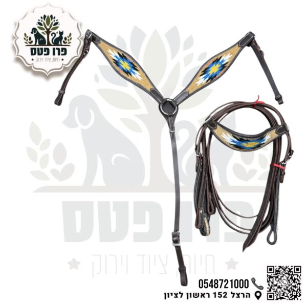 סט רכיבה הכולל חזייה עם ראשיה עם מושכות עם טבעות מרטינגל